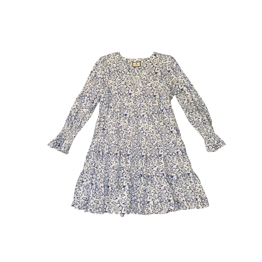 Tuckernuck Callahan Dress Women Large Blue White Floral Tiered Smocked